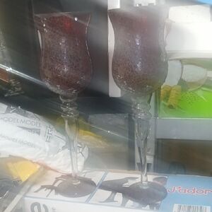 Set of Two Tall Ruby Red Mosaic Glass Goblets